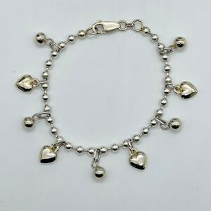 925 Sterling Silver Ball and Gold Tone Heart Design Bracelet 12.6 Grams Coquette